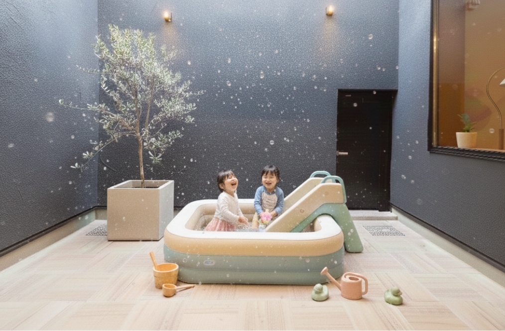 ビニールプールではしゃぐ子どもたち