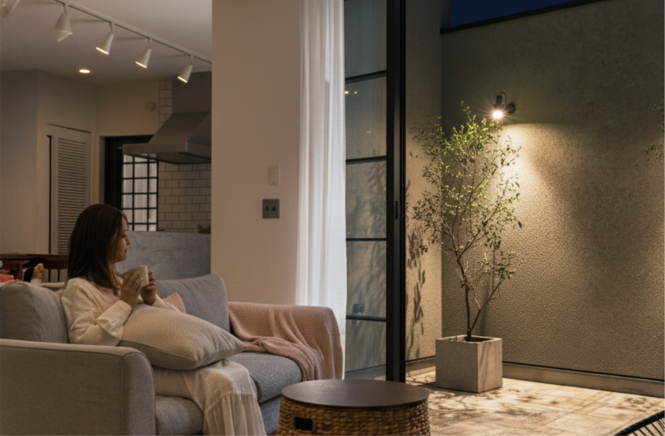 1日の終わりにテラスを眺める女性